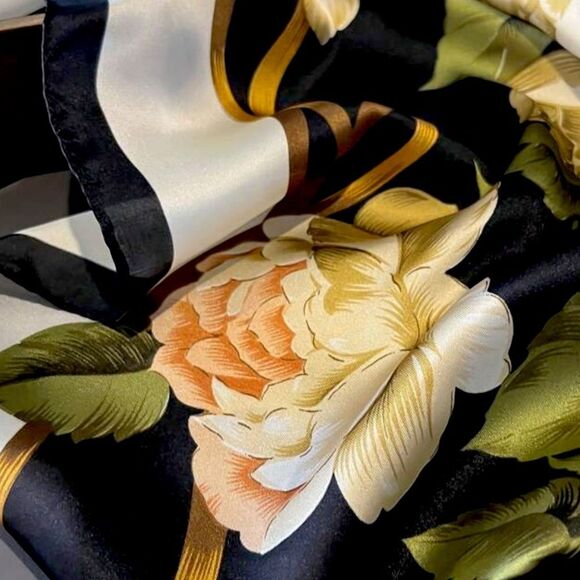 XMAS SALE Vintage Black and Gold Peony Flower Satin Scarf - Picture 3 of 6